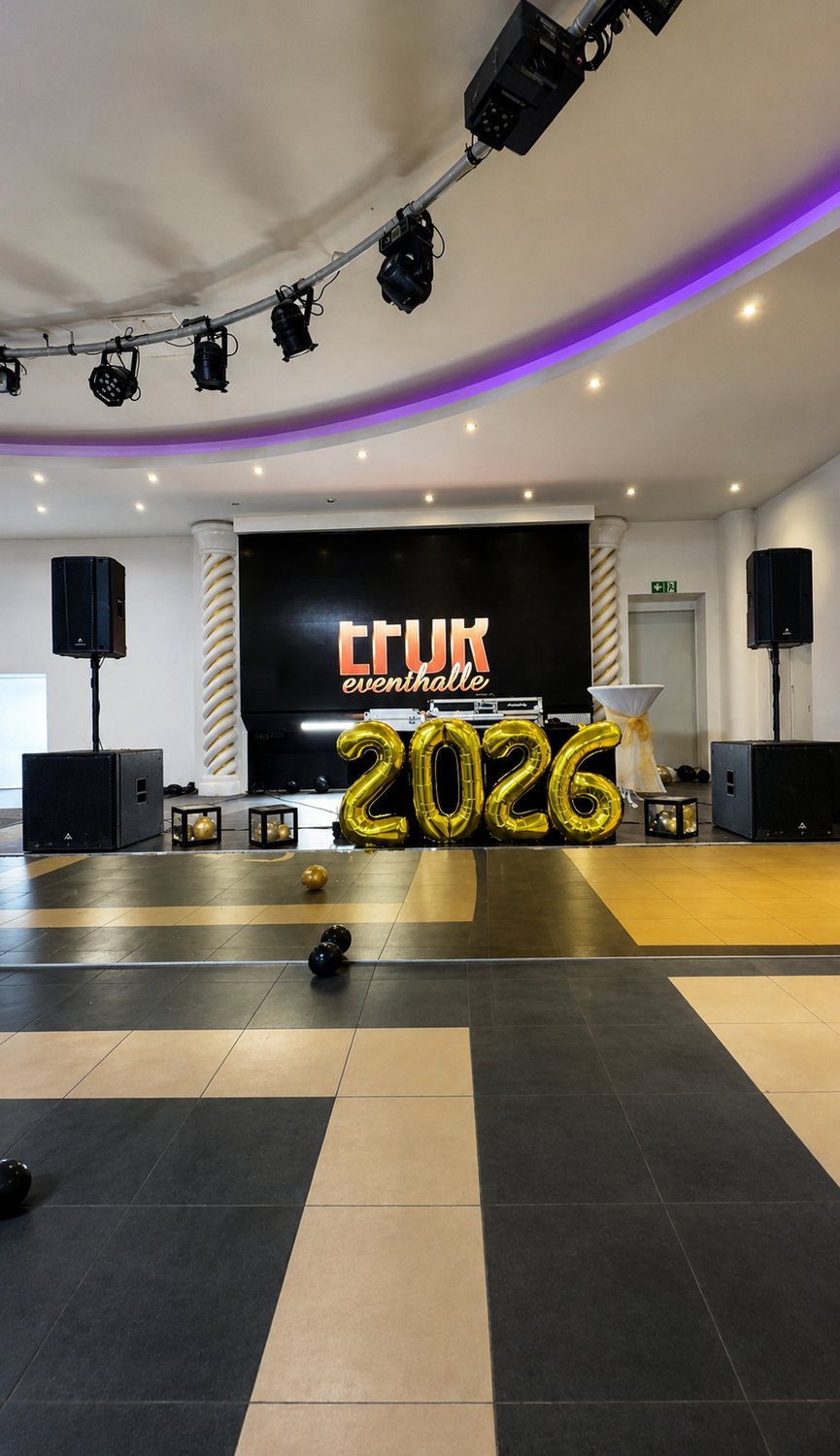 DJ-Aufbau mit Lichttechnik in einer Eventhalle, bereit für einen Abschlussball
